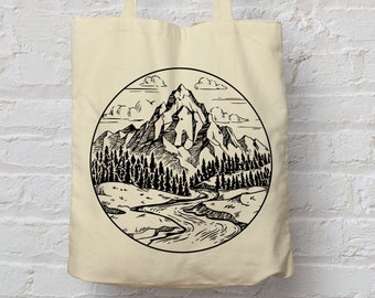 The mountains are calling Tote bag 100% natural cotton eco shopping bag - Forest Trees Nature River valley wanderlust / ACOTAR / ACOMAF