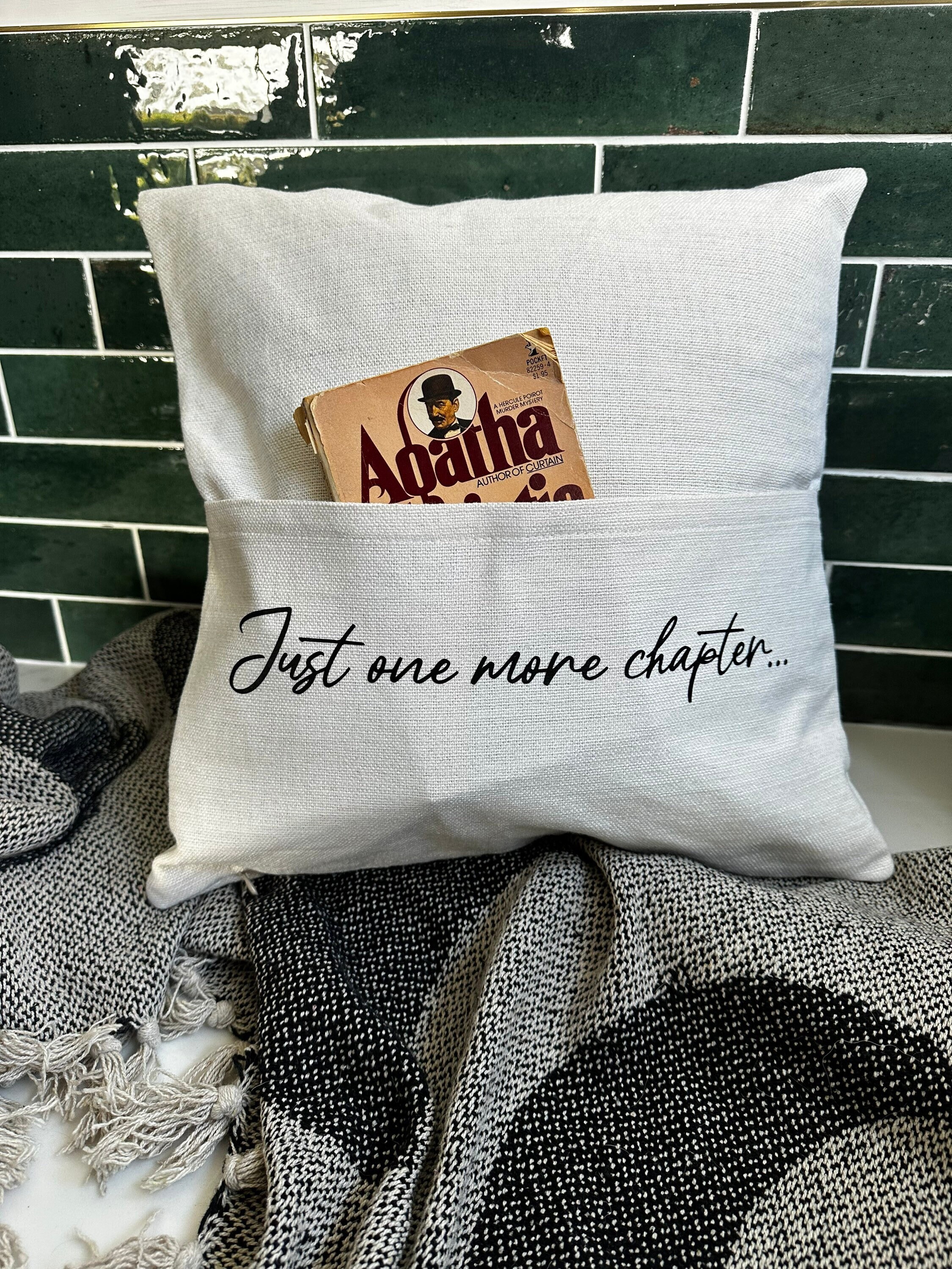 Book cushion cover // Just one more chapter // cosy book nook accessories for home book lover // linen book pocket