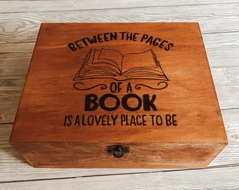 Between the pages of a book wooden box - hand burnt wood bookish storage for books - gifts for book lover - readers - reading - rustic quote