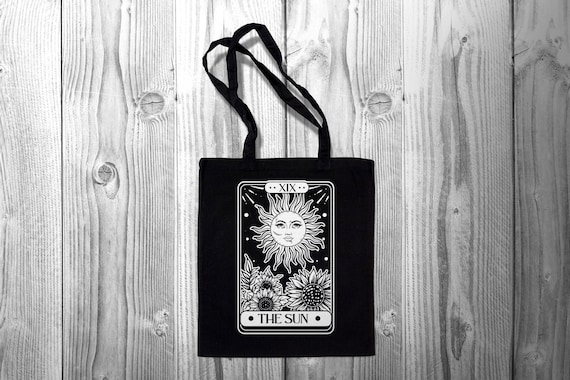 Sun Tarot Card Tote – Witchy Cotton Tote Bag – Crystal & Spell Book Holder – Spiritual Vinyl Design – Occult Gift – Handmade Goth Tote