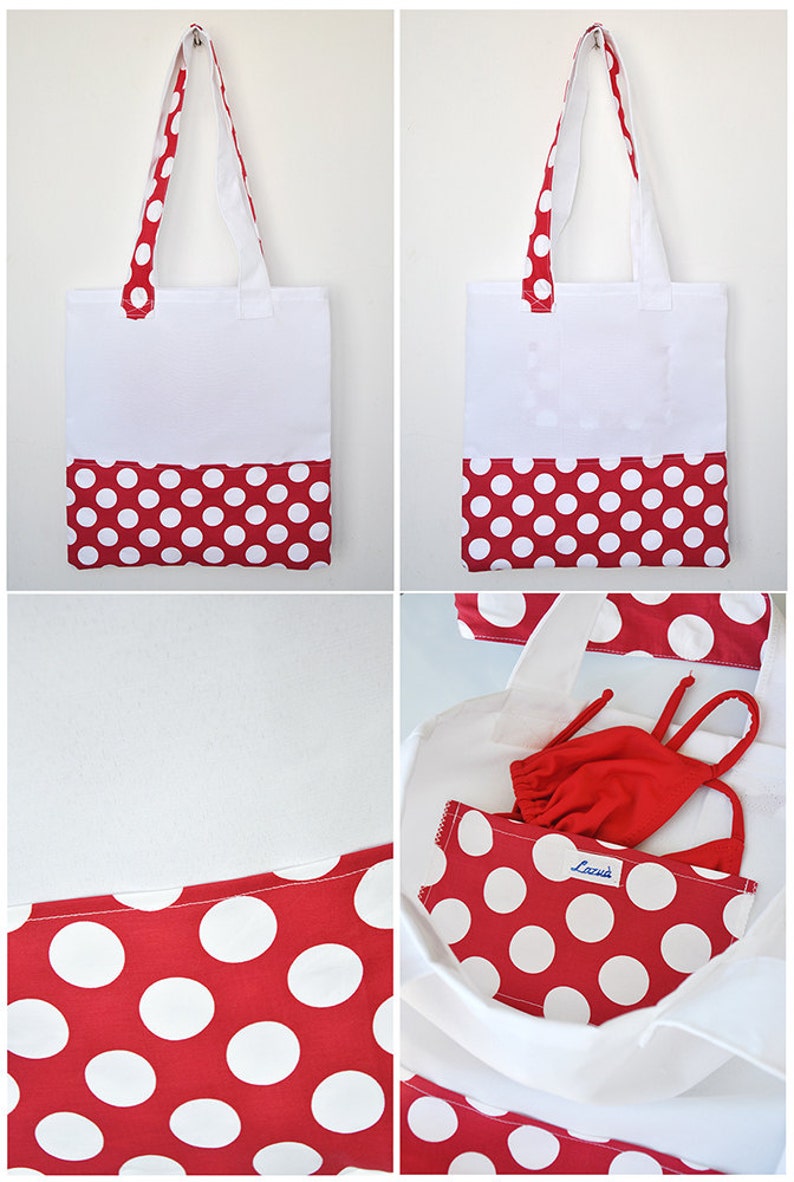 Canvas and cotton shopper white and fucsia with pois Shopper in tela e cotone con pois bianco e fucsia