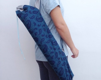 Handmade Yoga mat sack, Yoga mat bag, Sack bag yoga, unisex, Cotton bag for yoga pilates, shoulder bag yoga, paisley blue gray, mat holder