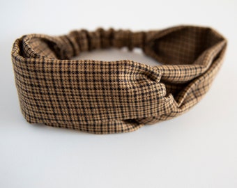 Hoofdband / Handgemaakte hoofdband / Zwart en beige geblokt / Herfst/Winter / Elastische hoofdband / Kruishoofdband / Tulbandhoofdband
