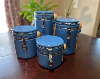Vintage Cornflower Blue Ceramic Canister Set | Airtight Kitchen Storage, Coffee Bar Decor, Kitchen Canister