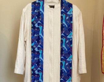 Clergy Stole for Advent and Christmas:  Blue Abstract and White Stars