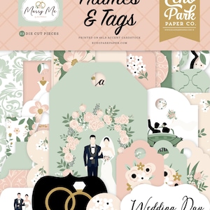 May include: A set of 38 die-cut pieces for crafting, featuring a wedding theme. The pieces include frames, tags, and illustrations of a bride and groom, wedding rings, and floral designs. The paper is printed on 65lb accent cardstock and is made by Echo Park Paper Co.