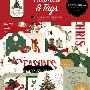New! 1 Pack of Carta Bella Paper A VINTAGE CHRISTMAS Frames & Tags Die Cut Cardstock Pieces