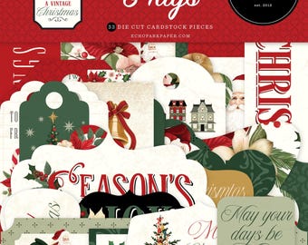New! 1 Pack of Carta Bella Paper A VINTAGE CHRISTMAS Frames & Tags Die Cut Cardstock Pieces