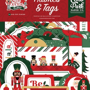 May include: A set of 34 die-cut paper frames and tags featuring a Nutcracker Christmas theme. The frames and tags are printed on 65lb accent cardstock and include a variety of designs, including a nutcracker, a ballerina, a Christmas tree, and a candy cane. The text "Frames & Tags" and "Echo Park Paper Co." is printed on the top of the image.