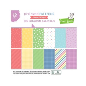 May include: A pack of 36 6x6 inch patterned papers in a variety of colors and designs. The pack is titled "pint-sized PATTERNS SUMMERTIME" and is from the brand "lawn fawn".