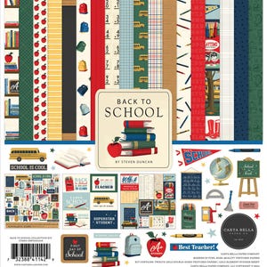 Carta Bella Paper BACK TO SCHOOL 12x12 Textured Scrapbook Cardstock Collection Kit