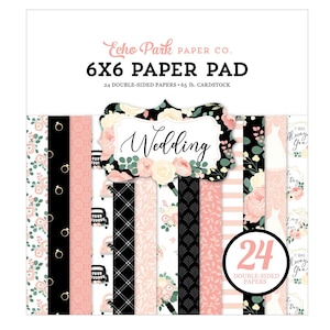 May include: A 6x6 paper pad with 24 double-sided sheets of cardstock featuring a wedding theme. The paper pad has a black and white floral design with pink accents and the text "Wedding".