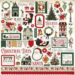 New! 1 - 12x12 Sheet of Carta Bella Paper A VINTAGE CHRISTMAS Scrapbook Element Stickers