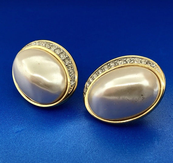 Vintage Richelieu Faux Pearl & Pave Rhinestones Silver Tone Clip-On Earrings