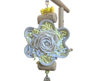 Shredding Bird Toy, Yellow Flower with Cork, Paper, Cardboard, Wood, Beads 9x4”