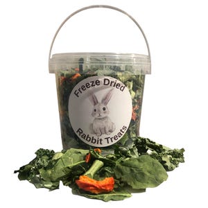 May include: A clear plastic bucket filled with freeze-dried rabbit treats, featuring a label with a rabbit illustration. The treats are surrounded by loose green leafy vegetables and orange pieces. The bucket has a clear plastic handle.