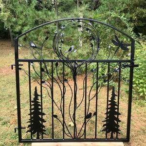 Iron Gate, Pine Tree Gate, Vines Birds Dragonfly, Vines Leaves Spindles, Nature Gate,  Four Feet Tall