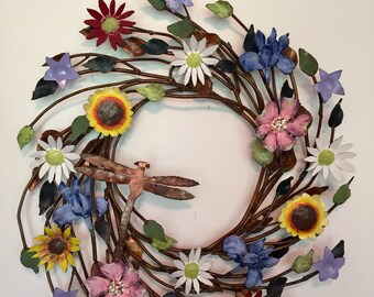 Metal Floral Wreath, Flower Wreath, Metal Door Decor, Hand Painted Metal