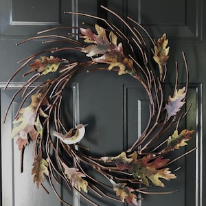 Hand Painted Metal Oak Leaf Wreath with Bird - Fall Decor 20”