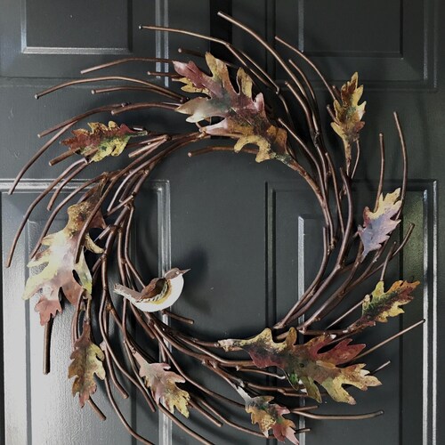 Hand Painted Metal Oak Leaf Wreath with Bird - Fall Decor 20”