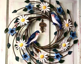 Metal Flower Wreath, Custom Painted Colors, Metal Bird, Door Size wreath.