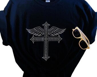 Rhinestone Bling Cross T Shirt, Black T Shirt Rhinestone Cross Design
