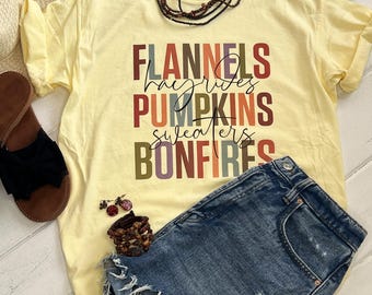 Women's Fall Shirt, Flannels, Pumpkins, Bonfires, Comfort Colors Heavy Weight Short Sleeve Fall T Shirt