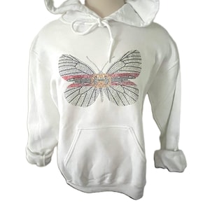 Rhinestone Butterfly Pullover White Hoodie. Bling Hoodie,  White Bling Hoodie, Womens Hoodie, Rhinestone Hoodie, Unisex Size Small