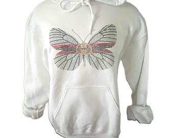 Rhinestone Butterfly Pullover White Hoodie. Bling Hoodie,  White Bling Hoodie, Womens Hoodie, Rhinestone Hoodie, Unisex Size Small
