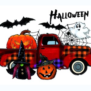 Halloween DTF Heat Transfer | Ready to Press | Orange Buffalo Plaid Truck | Halloween Truck, Bats, Pumpkins, Gnomes, Ghosts