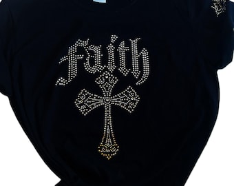 Rhinestone Bling Faith Cross Tshirt, Black Tshirt Rhinestone Cross Faith Bling Design