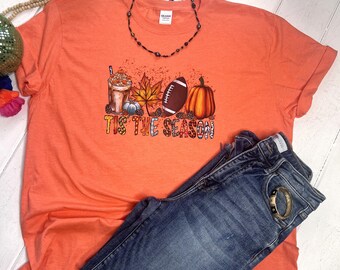 Fall Tis the Season T Shirt, Football, Pumpkins, Lattes, Leaves, Fall T Shirt, Fall Graphic T Shirt, Pumpkin Tee