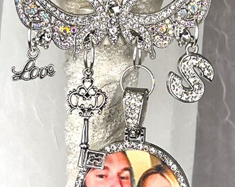 Masquerade Mask Rhinestone Bridal Memorial Bouquet Charm, Bride Gift, Best Friend Bridal Gift, Message of Love, Mother Daughter Bride Gift