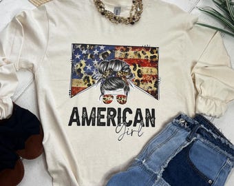 American Girl T Shirt, Patriotic T Shirt, Ivory T Shirt, Flag Shirt, Stars and Stripes T Shirt, Patriot Girl, Long Sleeve Cotton Soft Tee