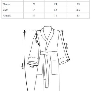 May include: A line drawing of a robe with measurements labeled in inches for length, sweep, sleeve, cuff, and armpit. The measurements are listed in a table for sizes S/M, One Size (L), and XXL.