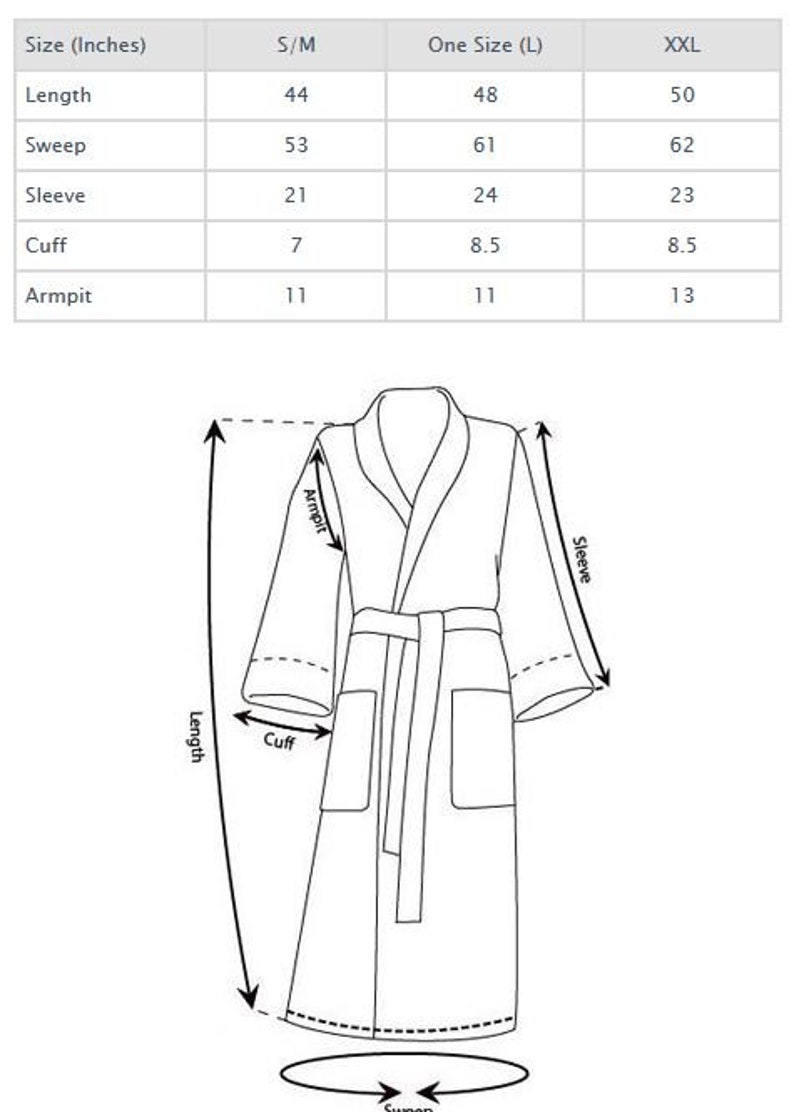 May include: A line drawing of a robe with measurements labeled in inches for length, sweep, sleeve, cuff, and armpit. The measurements are listed in a table for sizes S/M, One Size (L), and XXL.