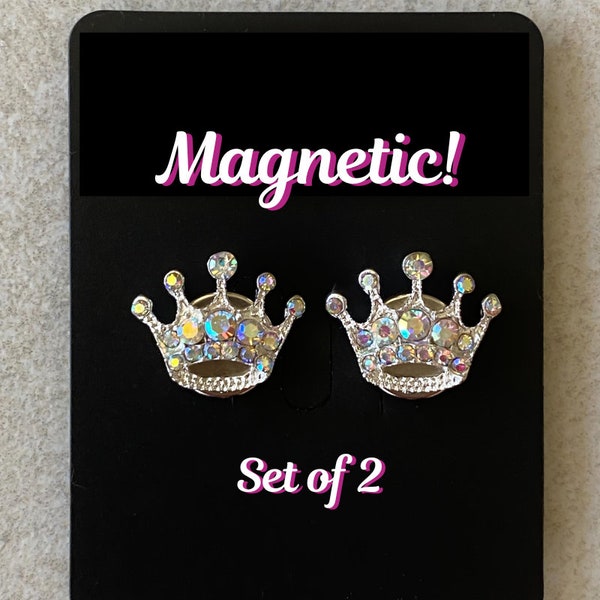 TWO Crown Pageant Magnets, Mini Crystal AB Rhinestone Magnetic Sash Number Holders
