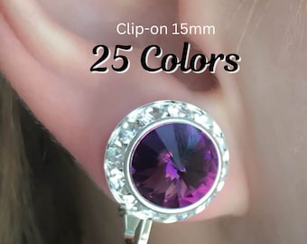 25 colors, 15mm Clip on Earrings, Silver or Gold finish, Austrian crystal earrings, 5/8" (15mm) Setting