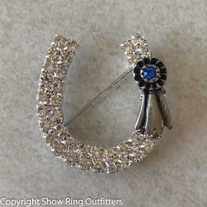 Crystal Rhinestone Horseshoe Brooch Pin Blue Ribbon Pin Horse Lover Gift