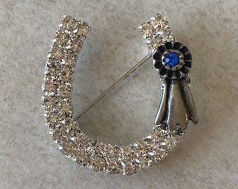 Crystal Rhinestone Horseshoe Brooch Pin Blue Ribbon Pin Horse Lover Gift