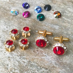 25 colors, Crystal shirt studs and cufflinks, gold or silver finish.  Tuxedo shirt studs and cufflinks, Groom Wedding Gift