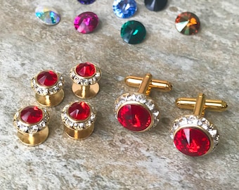 25 colors, Crystal shirt studs and cufflinks, gold or silver finish.  Tuxedo shirt studs and cufflinks, Groom Wedding Gift