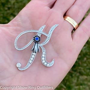 May include: A silver-toned letter R brooch with a blue rhinestone centre and clear rhinestones around the edges. The brooch is on a hand.