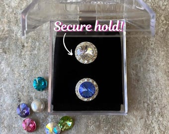 Set of TWO, 30 colors, Silver Pageant No Poke Sash Pins, 5/8" size (15mm), boxed crystal