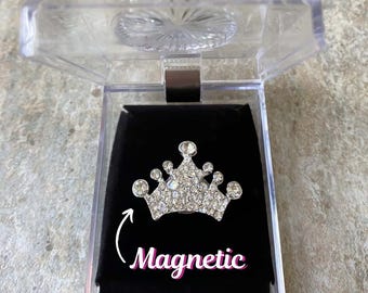 Large Crown Magnetic Sash Holder, Rhinestone No Poke Crown Pageant Pin