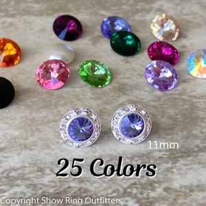 25 colors, Austrian Crystal earrings, 7/16&quot; (11mm), pierced, silver or gold finish, dance, cheer, wedding, Nickel Free, Titanium, Hypo