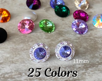 25 colors, Austrian Crystal earrings, 7/16" (11mm), pierced, silver or gold finish, dance, cheer, wedding, Nickel Free, Titanium, Hypo
