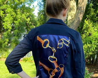 Equestrian Jacket, S Ladies, Silk Scarf Satin Scarf, Designer One-of-a-Kind, Upcycled Denim Twill, Horse Rescue