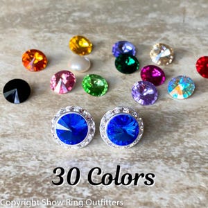 30 colors, Austrian Crystal earrings, 5/8" (15mm), pierced, Nickel Free, Titanium, Hypo, silver or gold finish, dance, cheer