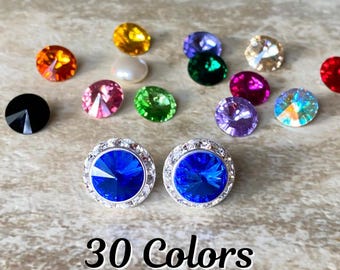 30 colors, Austrian Crystal earrings, 5/8" (15mm), pierced, Nickel Free, Titanium, Hypo, silver or gold finish, dance, cheer